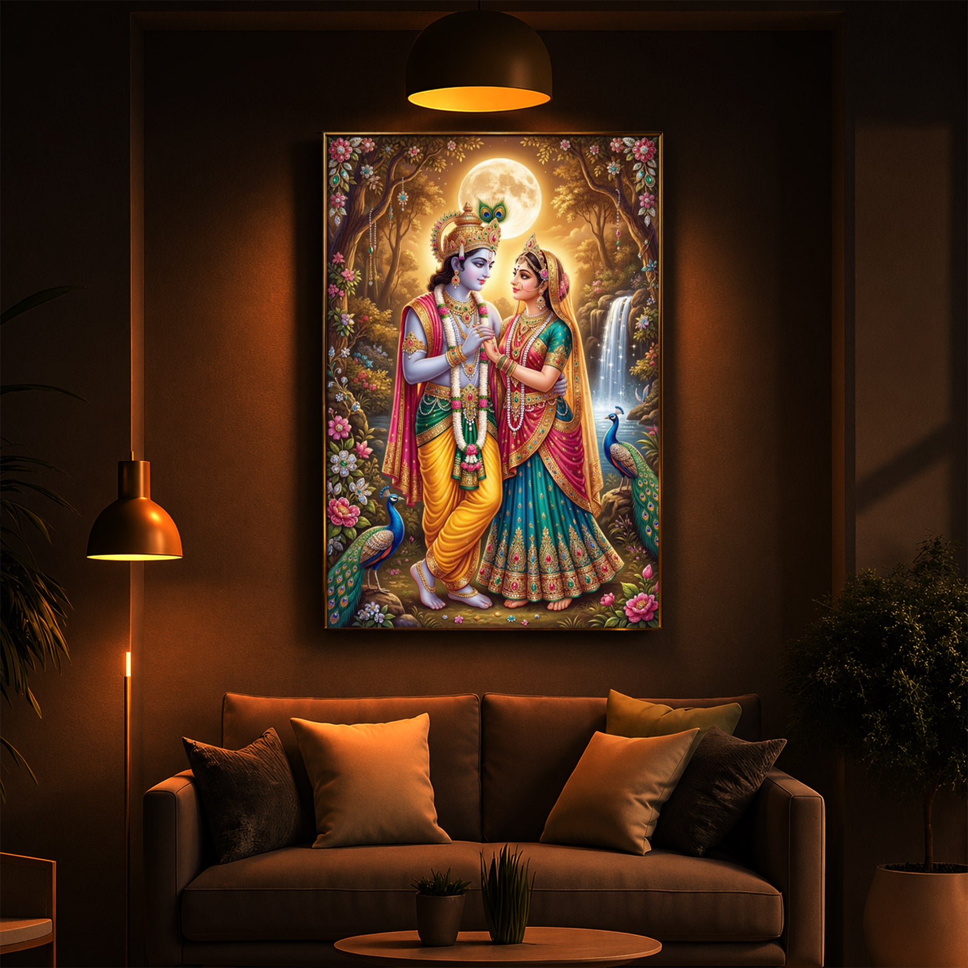 Radha Krishna in Vrindavan Garden Modern Luxury Backlight Vertical Wall Art