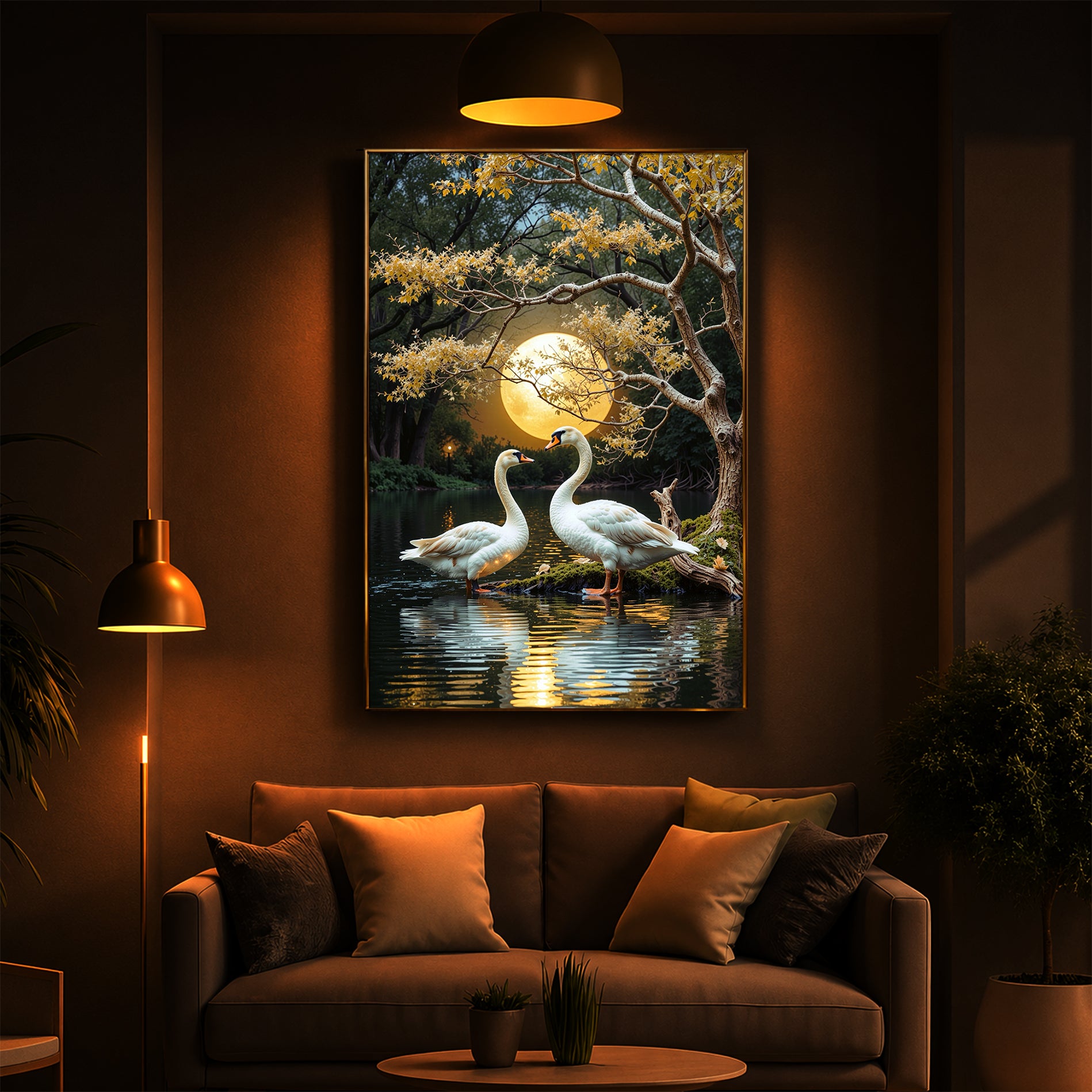 Couple Swan Modern Luxury Backlight Vertical Wall Art