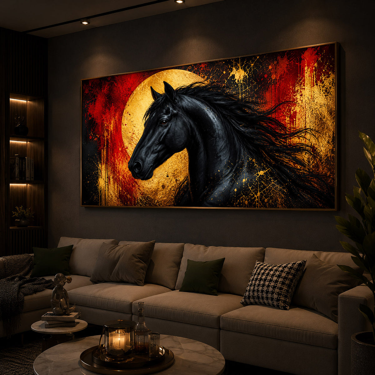 Black Horse With Abstract Background Modern Luxury Backlight Horizontal Wall Art