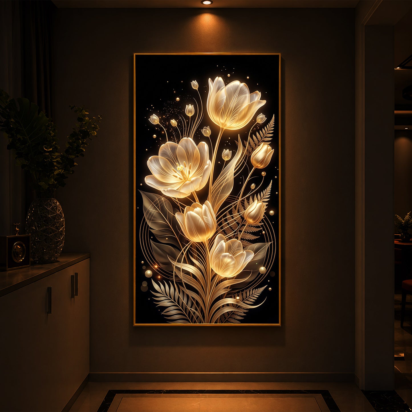 Golden Luminous Tulip Modern Luxury Backlight Vertical Wall Art