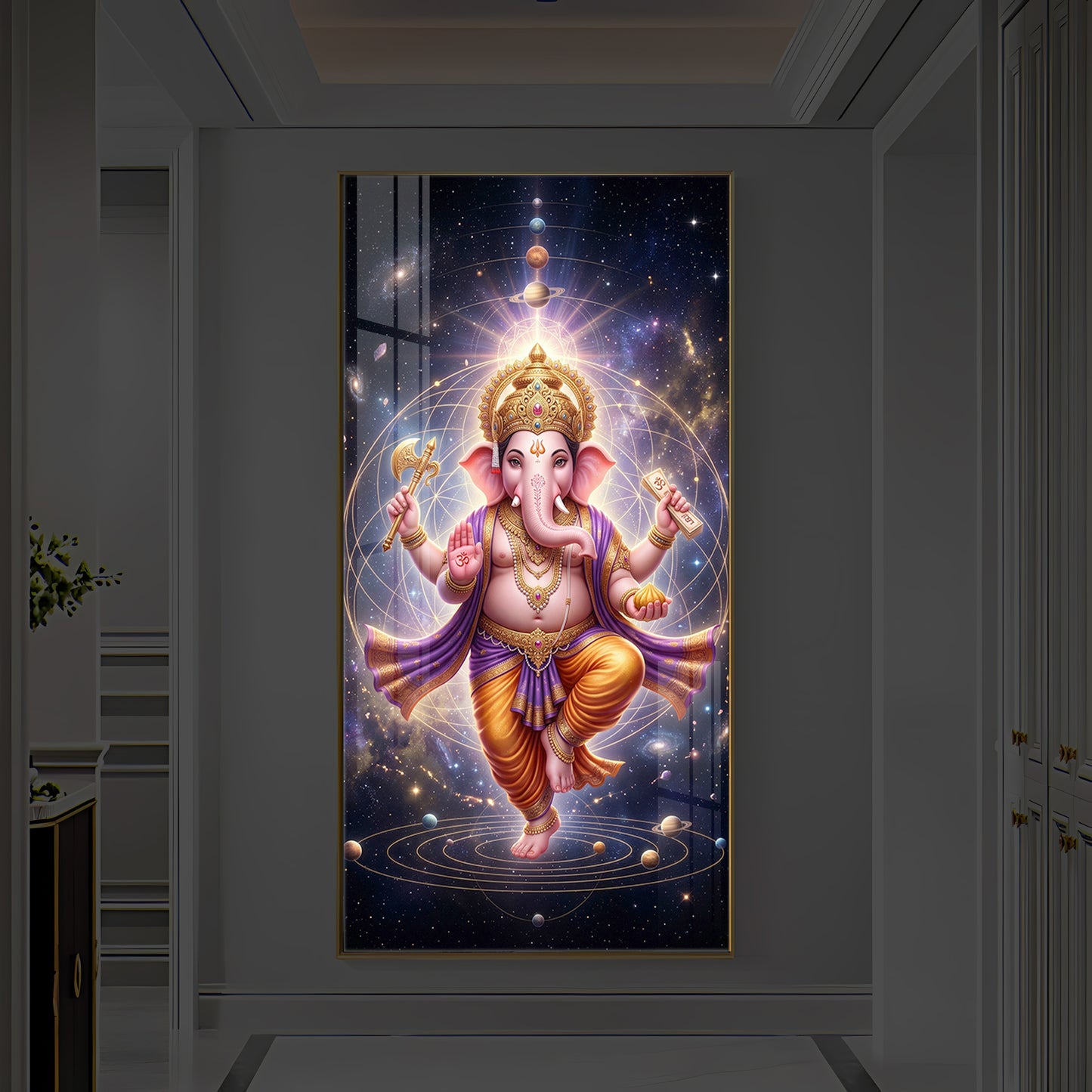 Shree Ganesha's Celestial Embrace Modern Luxury Backlight Vertical Wall Art