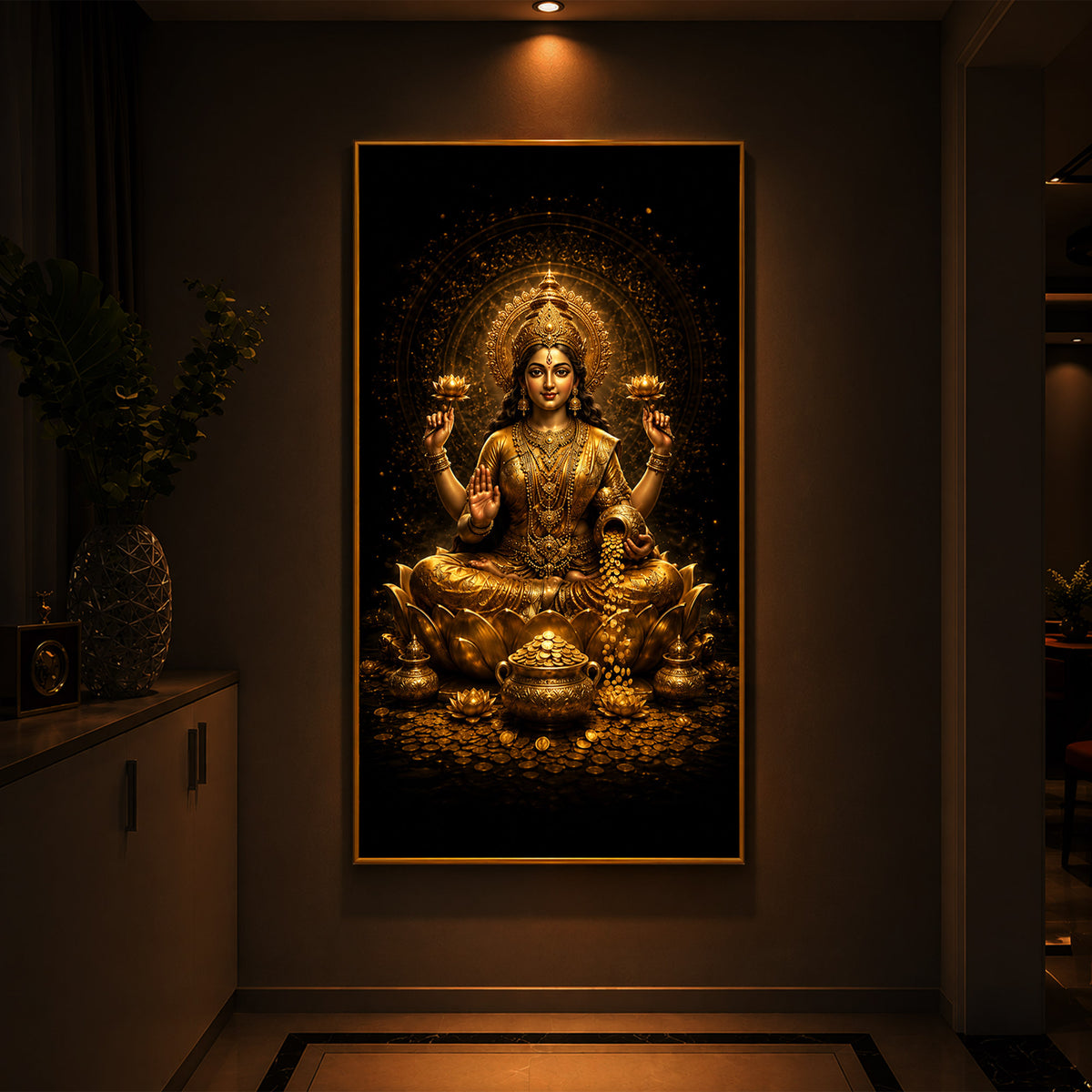 Divine Goddess Laxmi Golden Lotus Modern Luxury Backlight Vertical Wall Art