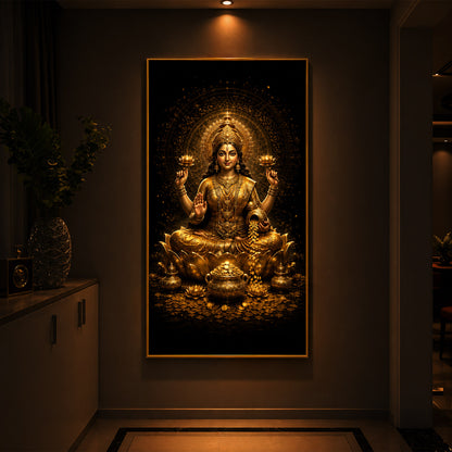 Divine Goddess Laxmi Golden Lotus Modern Luxury Backlight Vertical Wall Art