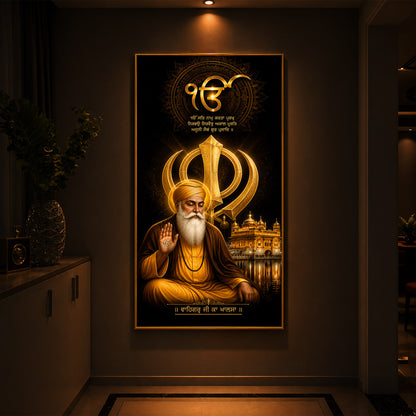 Guru Nanak Dev With Ik Onkar Modern Luxury Backlight Vertical Wall Art