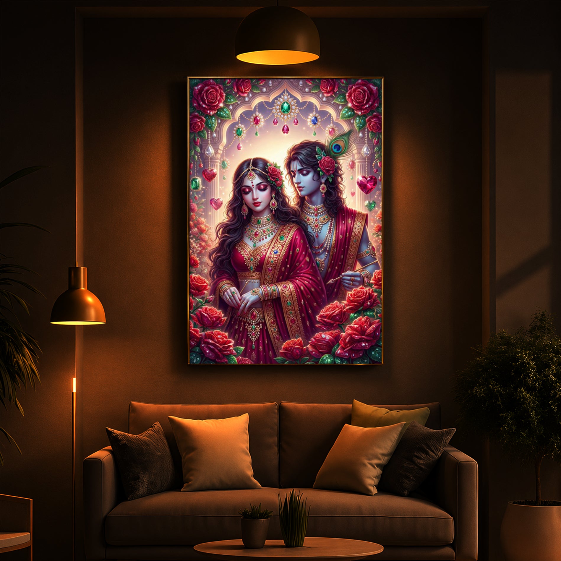 Radha Krishna Surrounded By Red Roses Modern Luxury Backlight Vertical Wall Art
