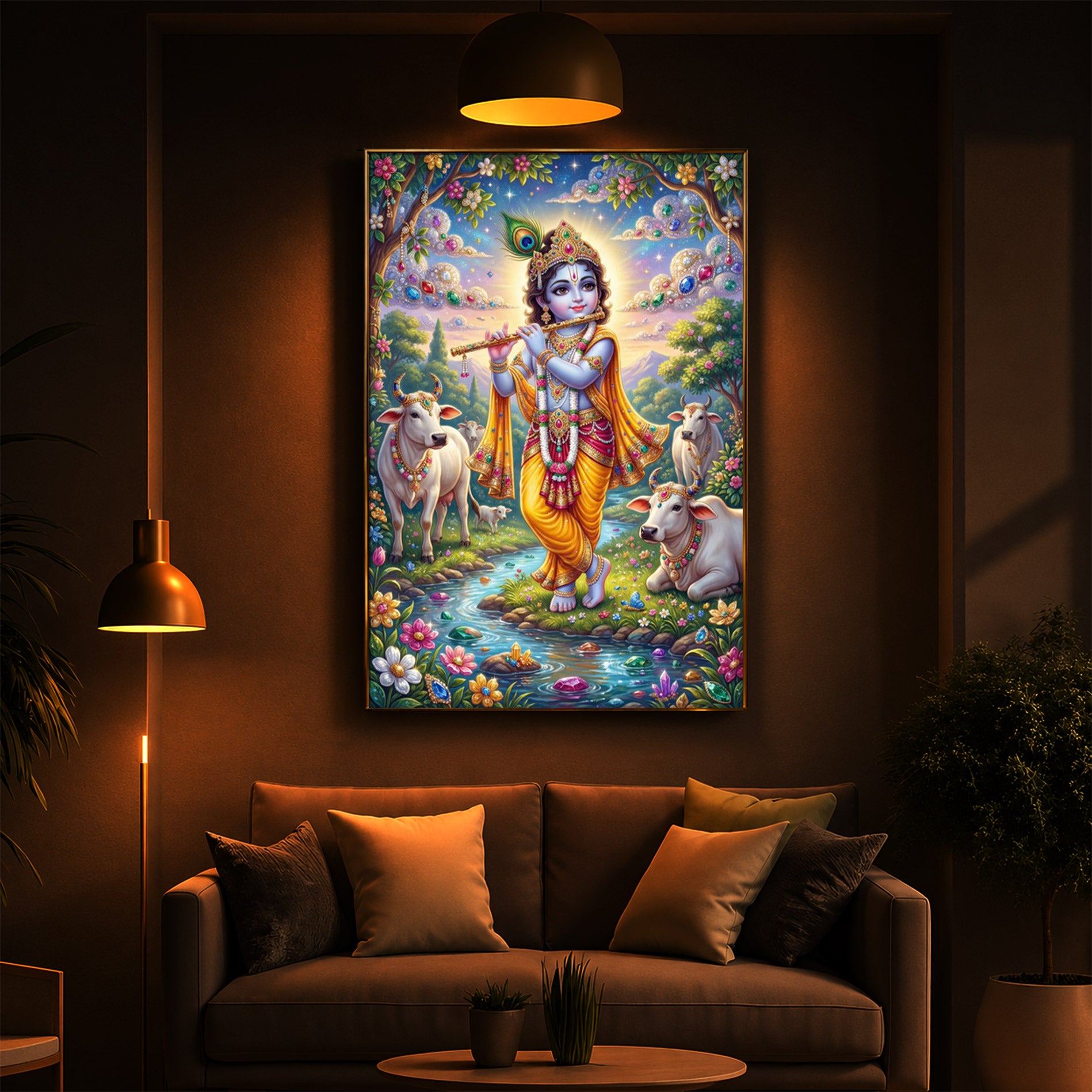 Little Kanha With Cow Modern Luxury Backlight Vertical Wall Art