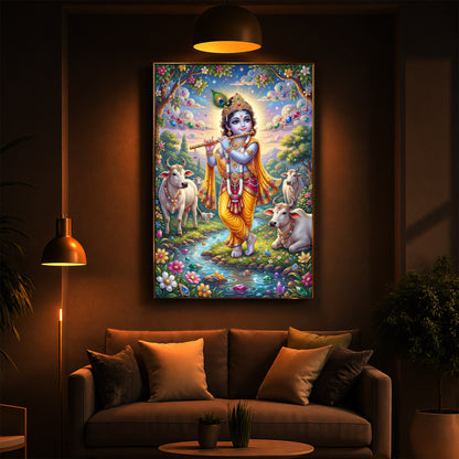 Little Kanha With Cow Modern Luxury Backlight Vertical Wall Art