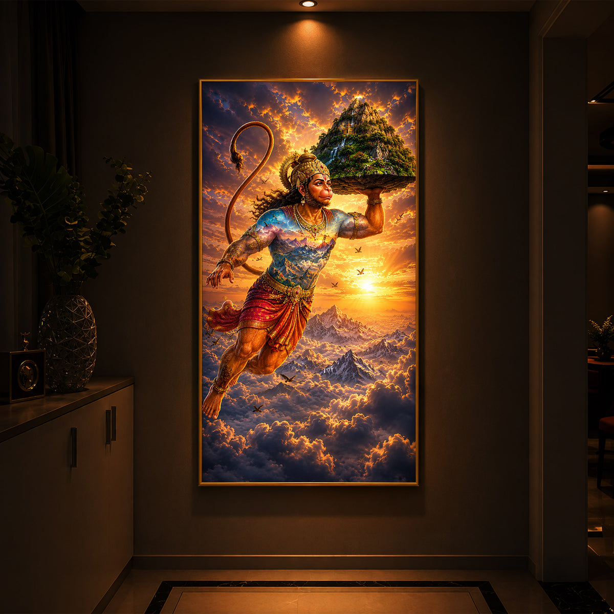 Lord Hanuman Carrying Sanjeevani Mountain Modern Luxury Backlight Vertical Wall Art