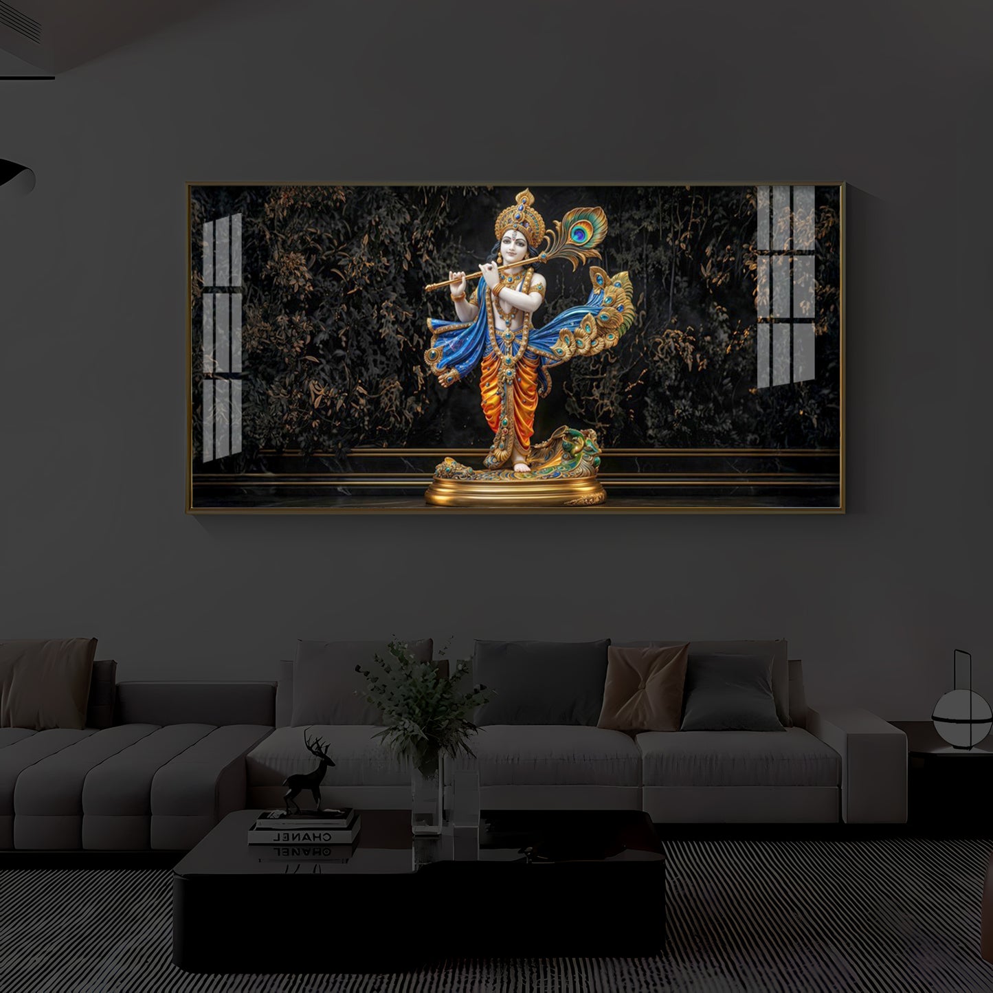 Lord Krishna With Flute Modern Luxury Backlight Horizontal Wall Art