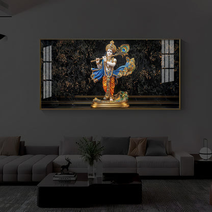 Lord Krishna With Flute Modern Luxury Backlight Horizontal Wall Art