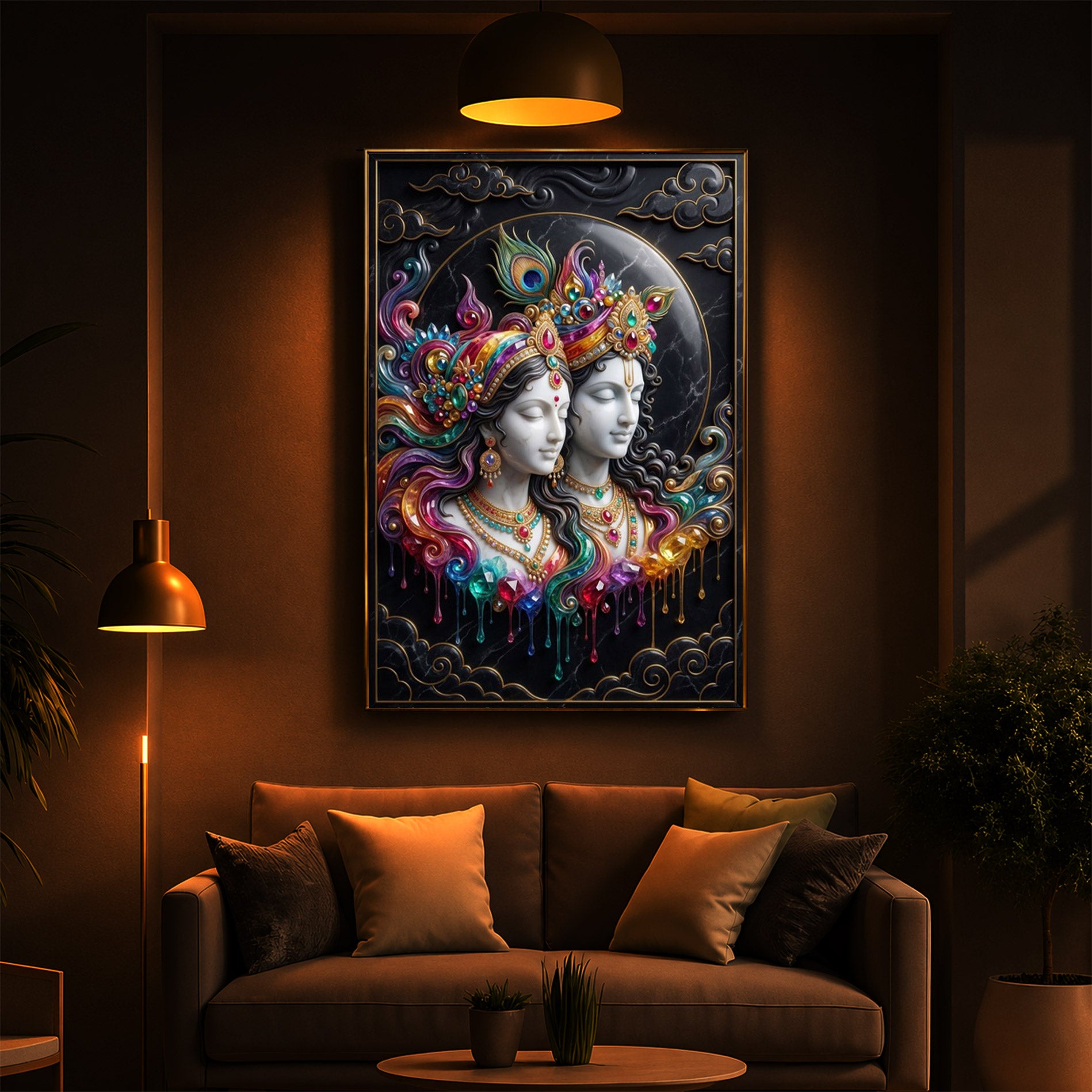 Shri Radha Krishna Modern Luxury Backlight Vertical Wall Art