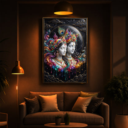 Shri Radha Krishna Modern Luxury Backlight Vertical Wall Art
