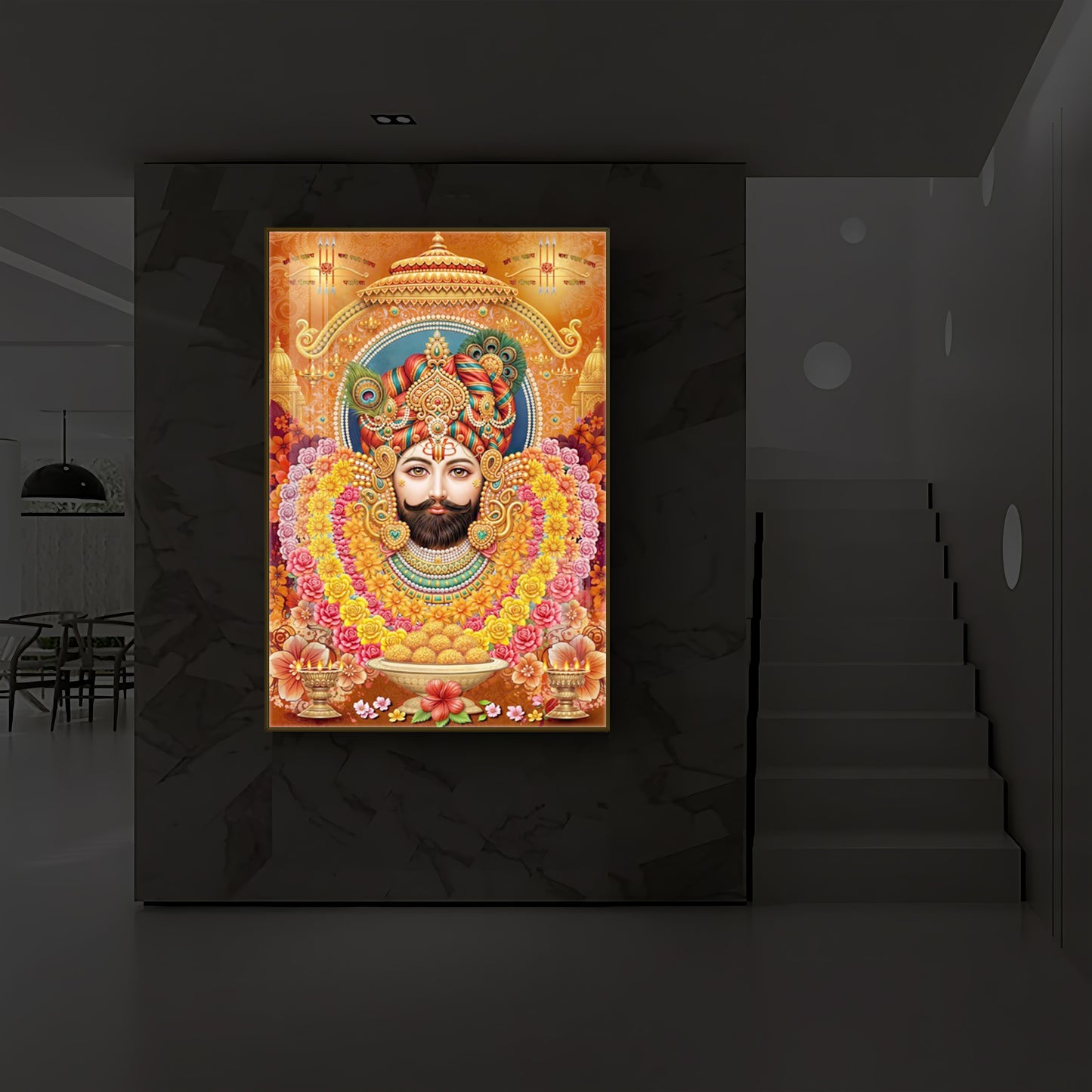 Hindu deity Khatu Shyam Ji Modern Luxury Backlight Vertical Wall Art