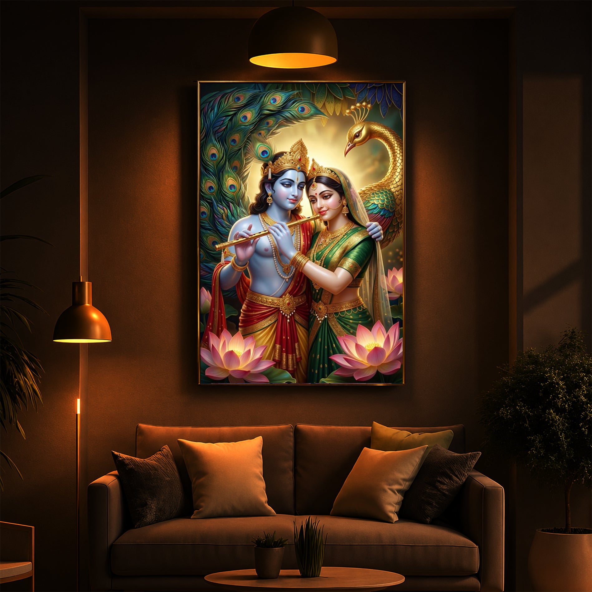 Depiction Of Radha Krishna Modern Luxury Backlight Vertical Wall Art