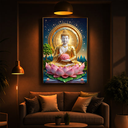 Lord Gautama Buddha Modern Luxury Backlight Vertical Wall Art