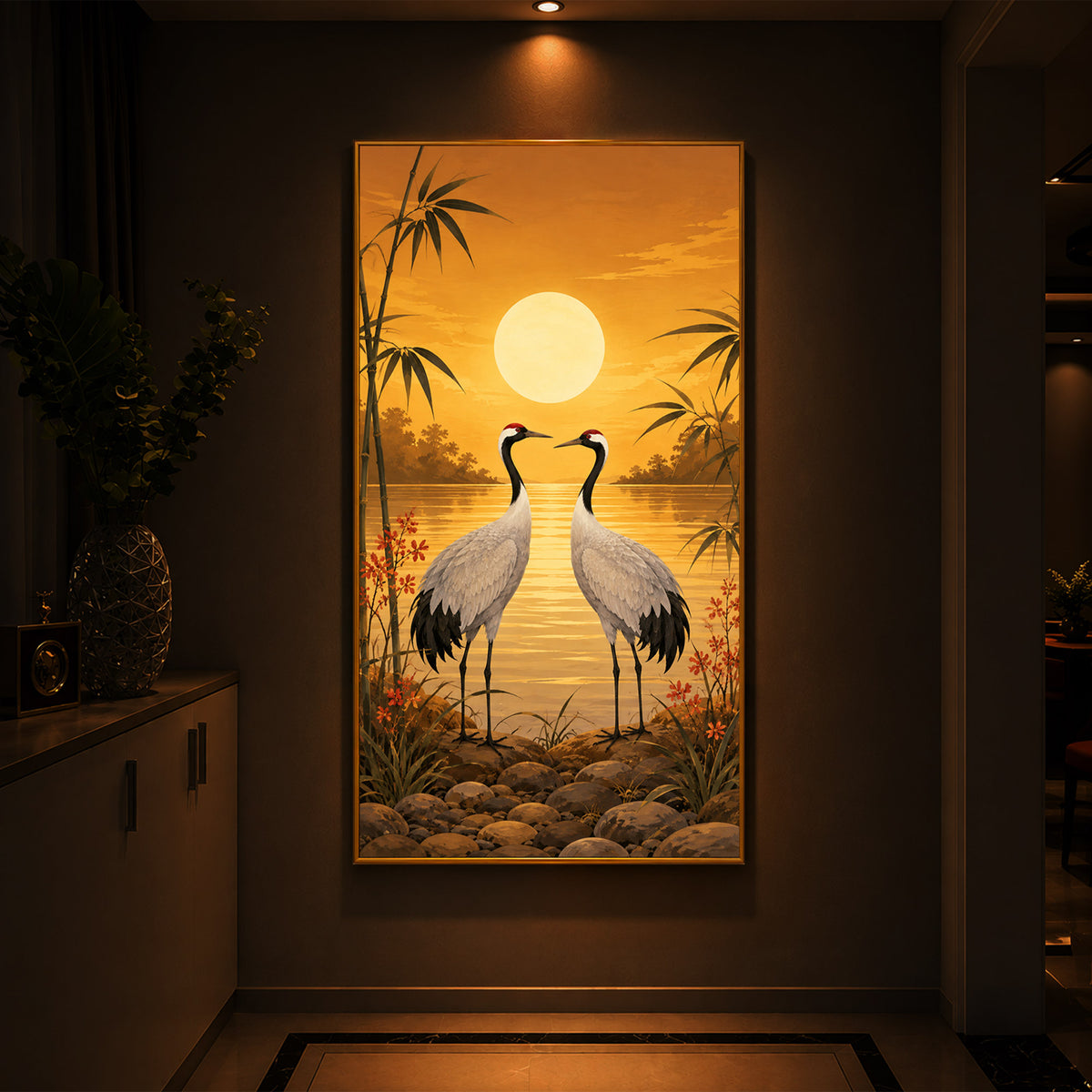 Sunset Crane Pair Modern Luxury Backlight Vertical Wall Art