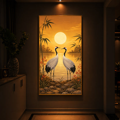 Sunset Crane Pair Modern Luxury Backlight Vertical Wall Art