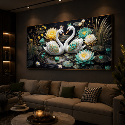 Pair Of White Swans Modern Luxury Backlight Horizontal Wall Art