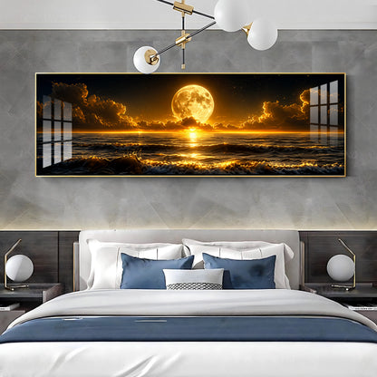 Golden Full Moon Ocean Clouds Premium Acrylic Horizontal Wall Art