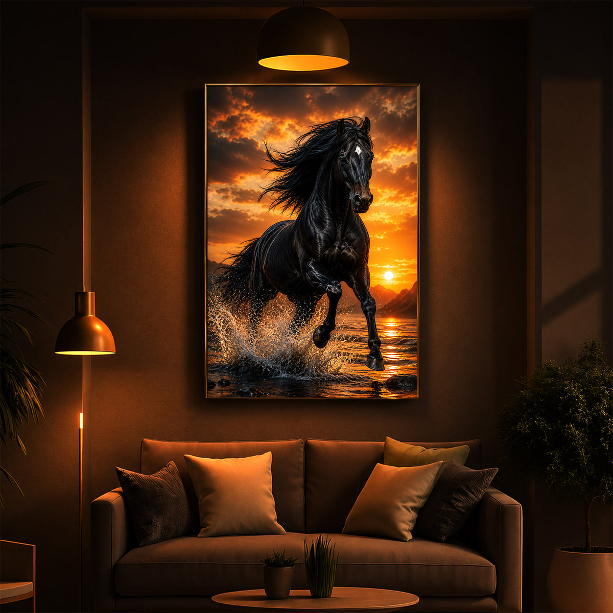 Vastu Black horse Modern Luxury Backlight Vertical Wall Art