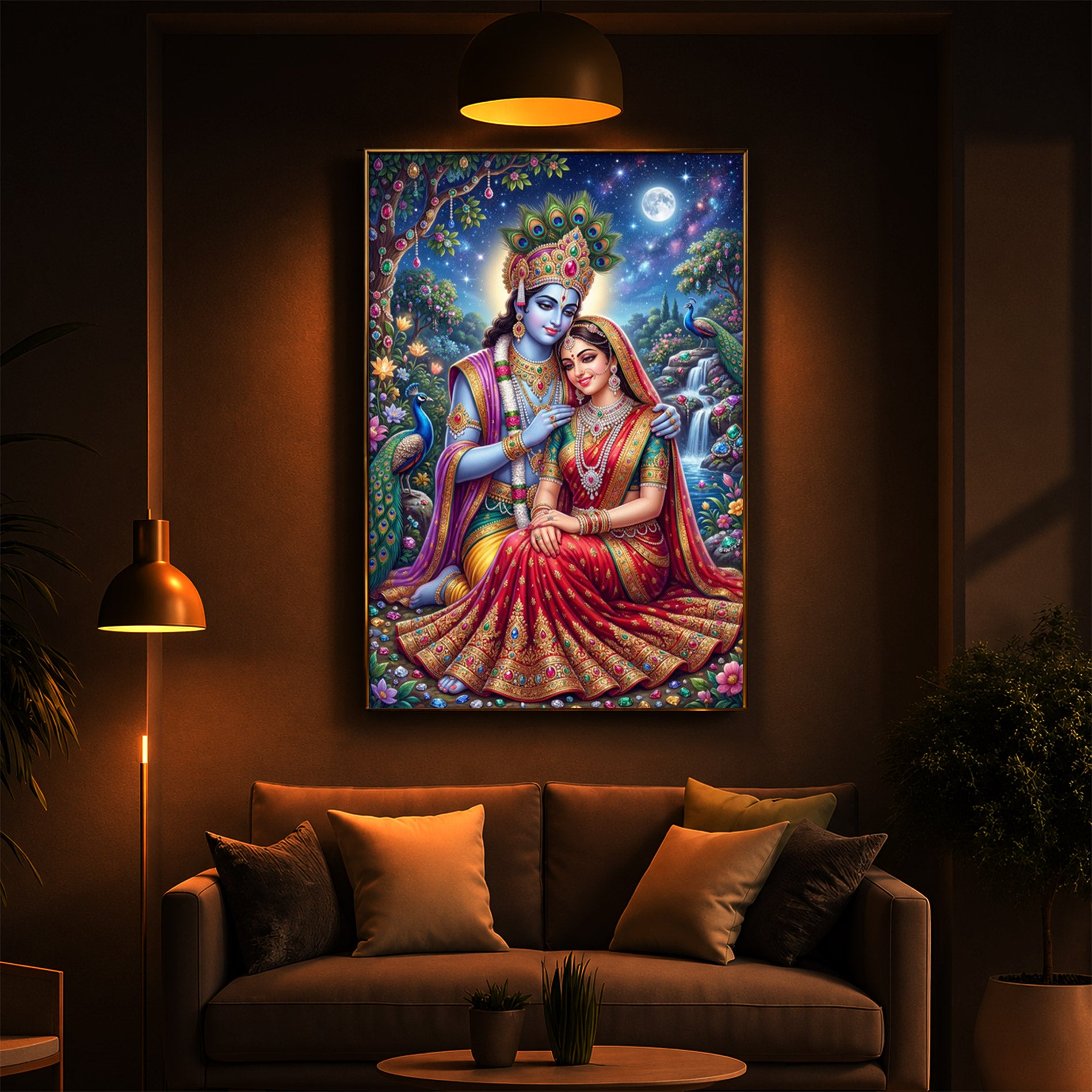 Divine Radha Krishna Serenity Modern Luxury Backlight Vertical Wall Art