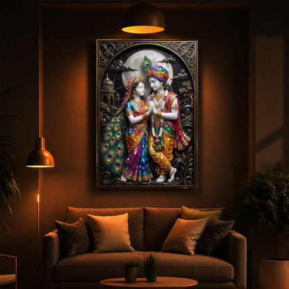 Radha Krishna With Moon Modern Luxury Backlight Vertical Wall Art