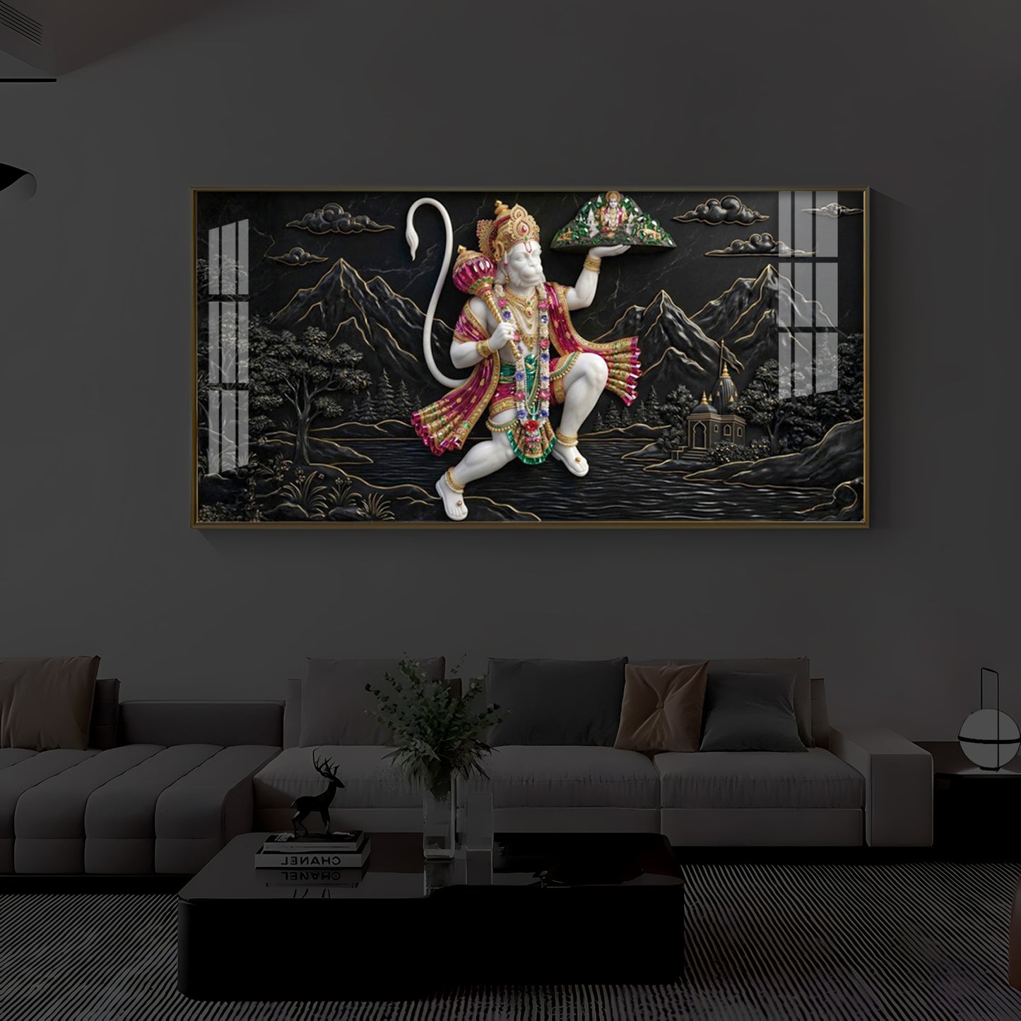 Lord Hanuman Carrying Sanjeevani Mountain Modern Luxury Backlight Horizontal Wall Art