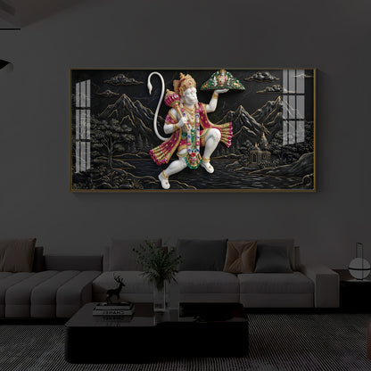 Lord Hanuman Carrying Sanjeevani Mountain Modern Luxury Backlight Horizontal Wall Art