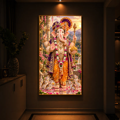 Lord Ganesha with Mushak Modern Luxury Backlight Vertical Wall Art