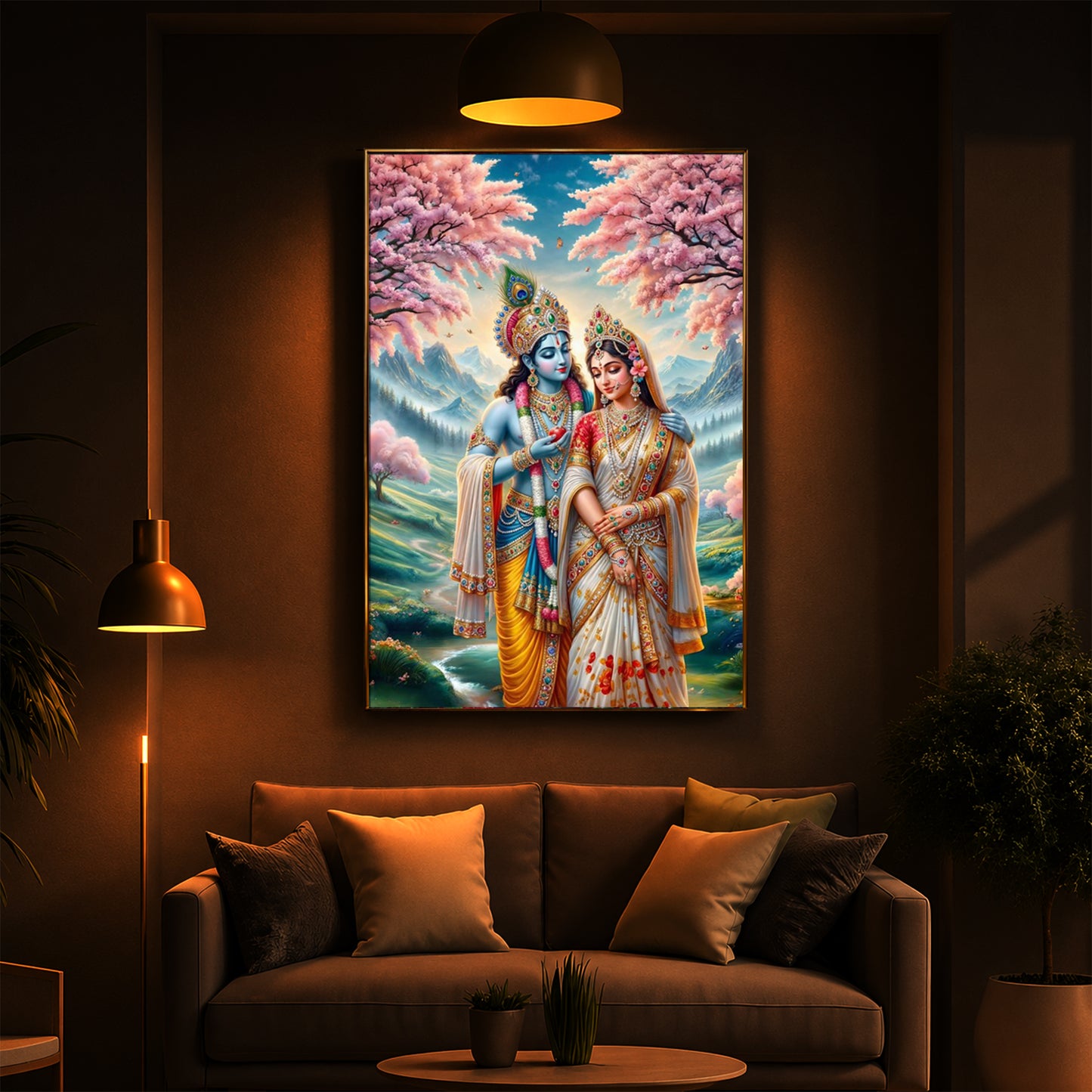 Radha Krishna Standing Together Modern Luxury Backlight Vertical Wall Art