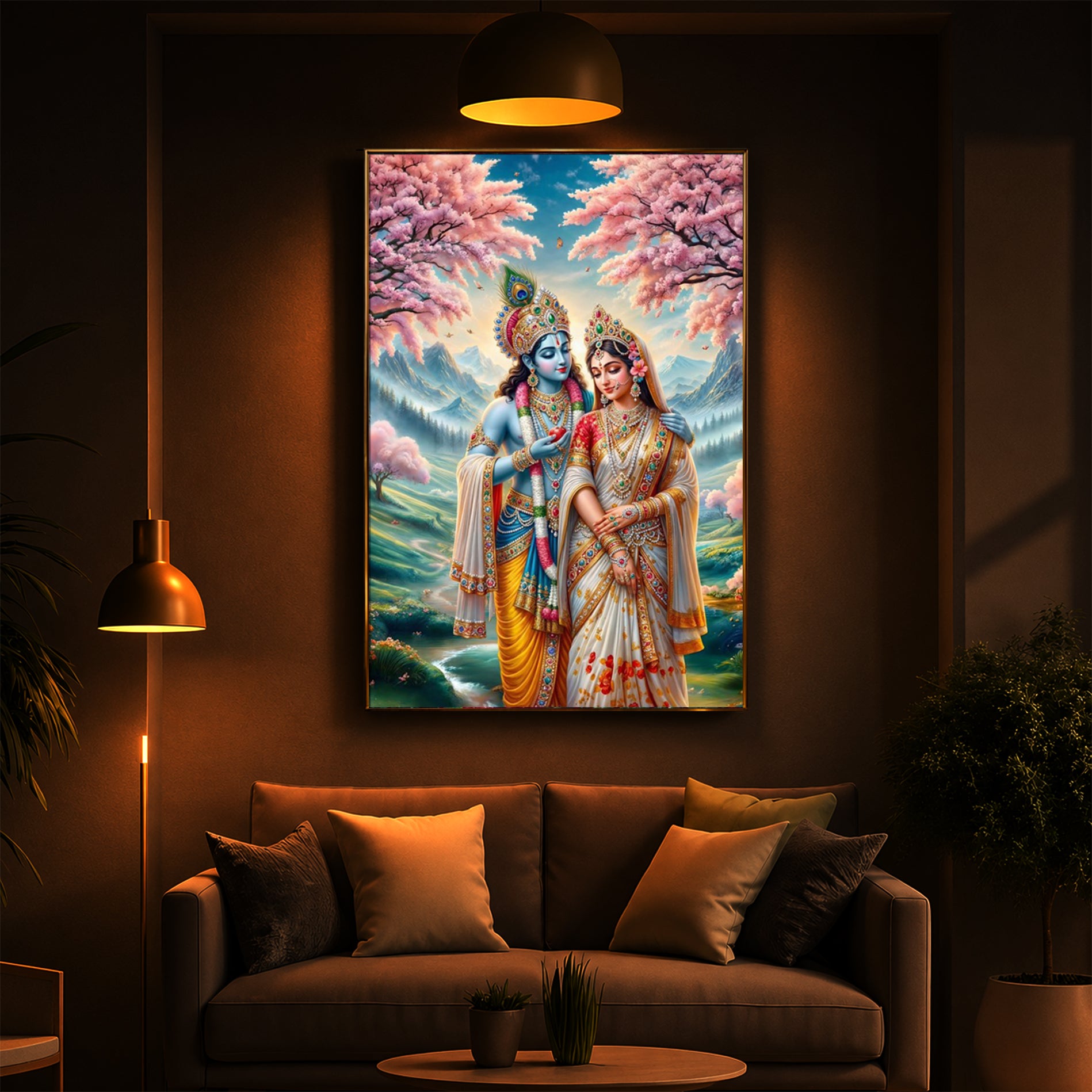 Radha Krishna Standing Together Modern Luxury Backlight Vertical Wall Art