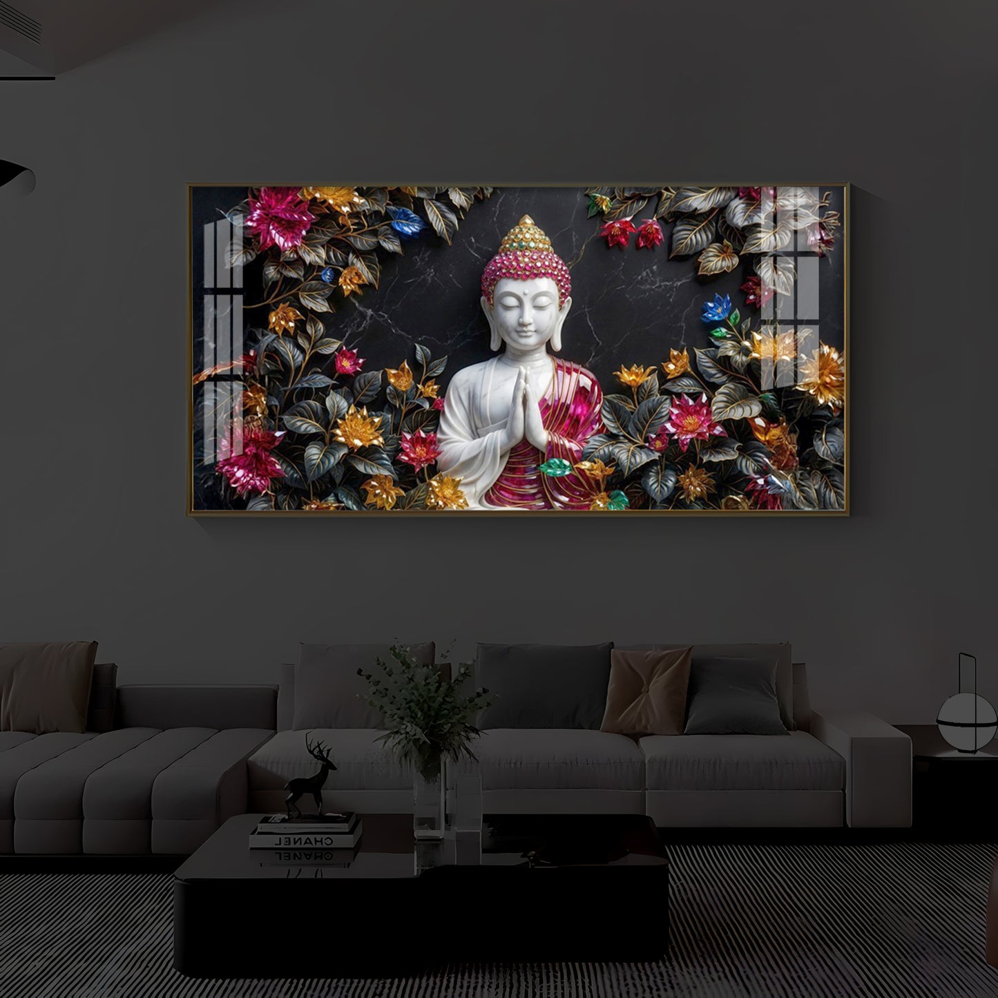 White Buddha With Pink Lotus Modern Luxury Backlight Horizontal Wall Art