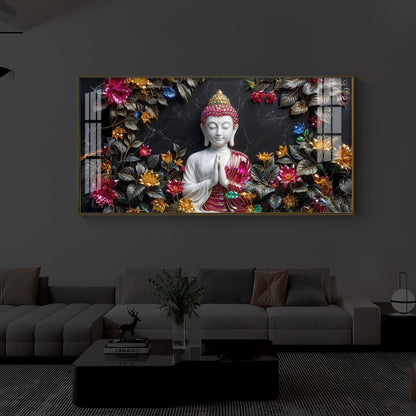 White Buddha With Pink Lotus Modern Luxury Backlight Horizontal Wall Art