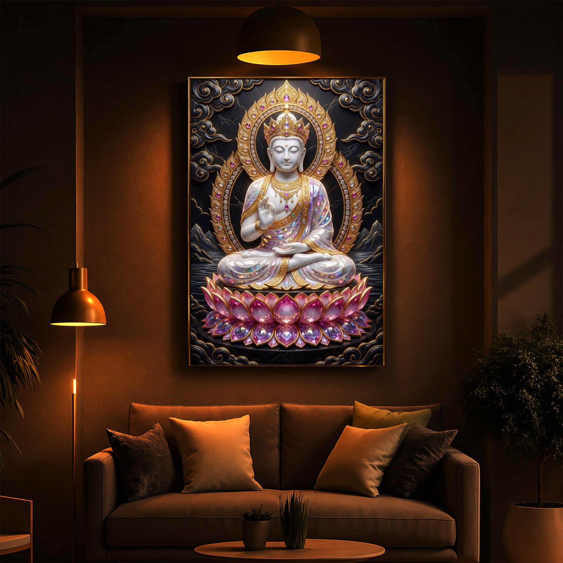 Buddha Seated On A Pink Lotus Modern Luxury Backlight Vertical Wall Art