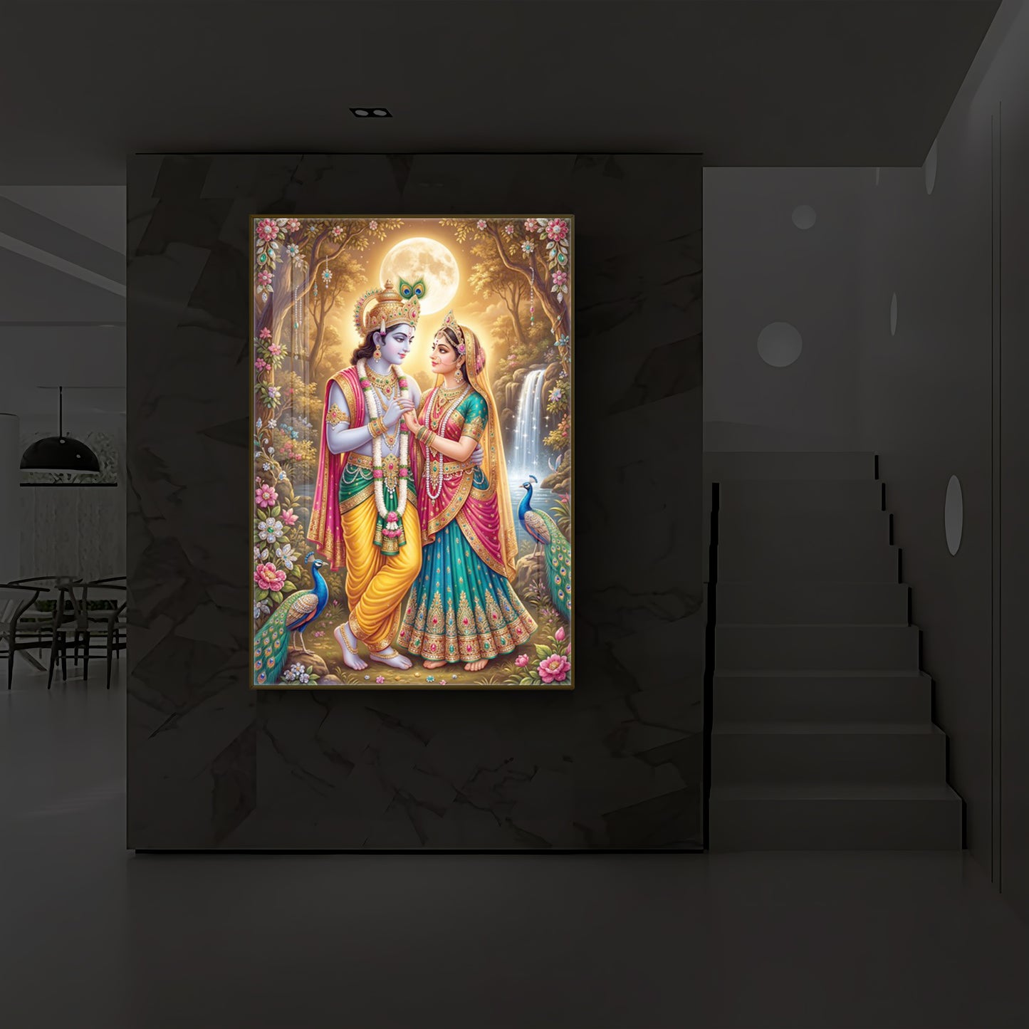 Radha Krishna in Vrindavan Garden Modern Luxury Backlight Vertical Wall Art