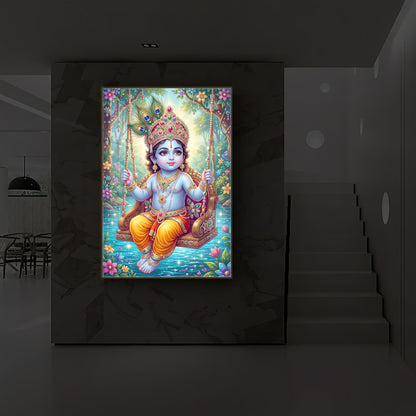 Divine Lord Krishna Modern Luxury Backlight Vertical Wall Art