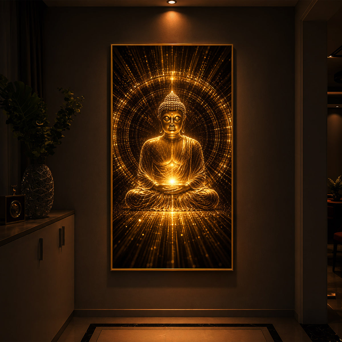 Golden Buddha Meditation Posture Modern Luxury Backlight Vertical Wall Art