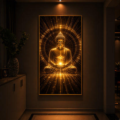 Golden Buddha Meditation Posture Modern Luxury Backlight Vertical Wall Art