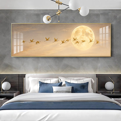 Golden Flying Cranes Full Moon Premium Acrylic Horizontal Wall Art