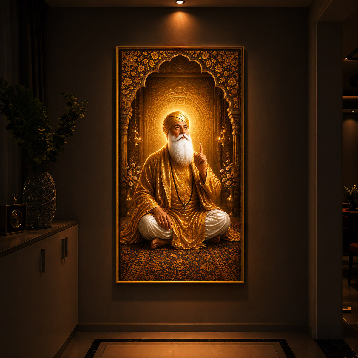 Divine Guru Nanak Dev Ji Golden Attire Modern Luxury Backlight Vertical Wall Art