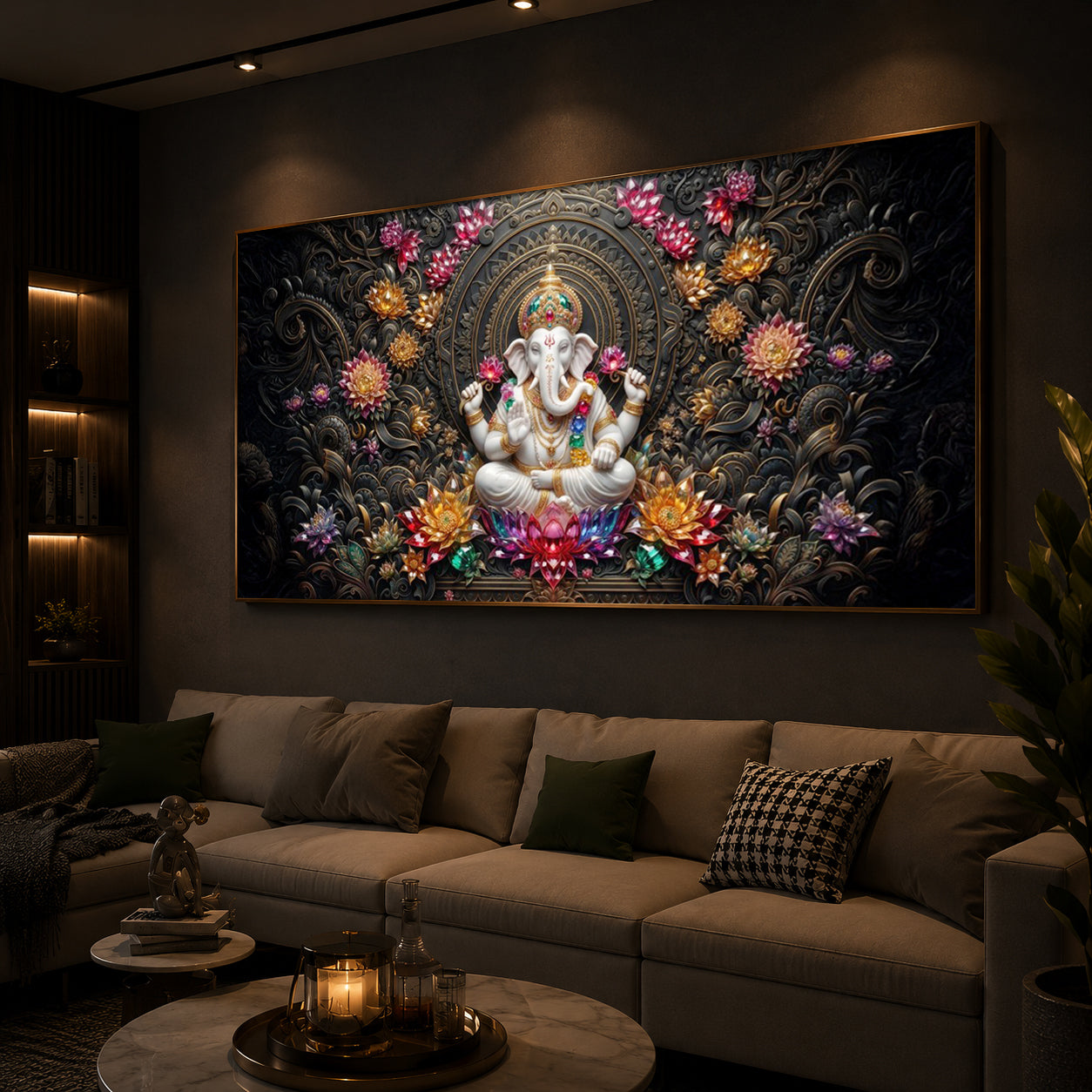 Lord Ganesha Blooming Lotuses Modern Luxury Backlight Horizontal Wall Art