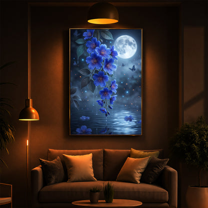 Moonlit Blue Blossoms Modern Luxury Backlight Vertical Wall Art