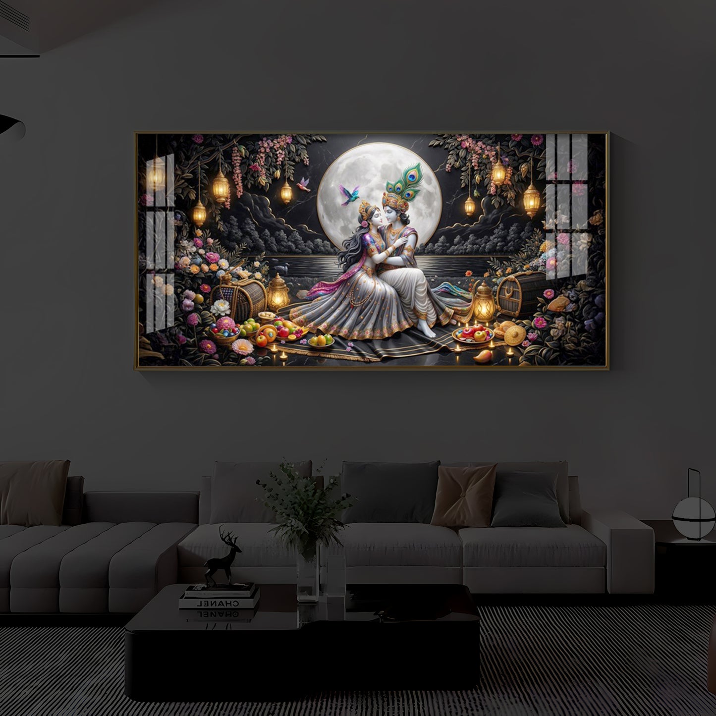 Generic Radha Krishna Romantic Modern Luxury Backlight Horizontal Wall Art
