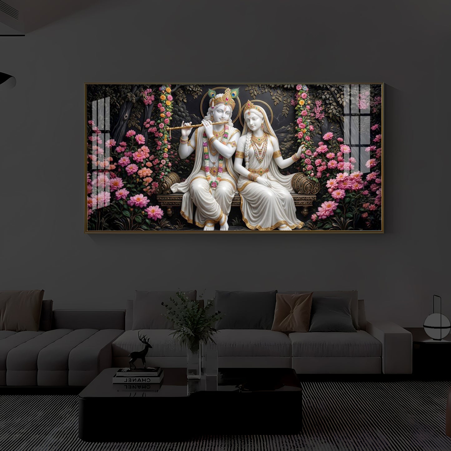 Radha Krishna With Flower Modern Luxury Backlight Horizontal Wall Art
