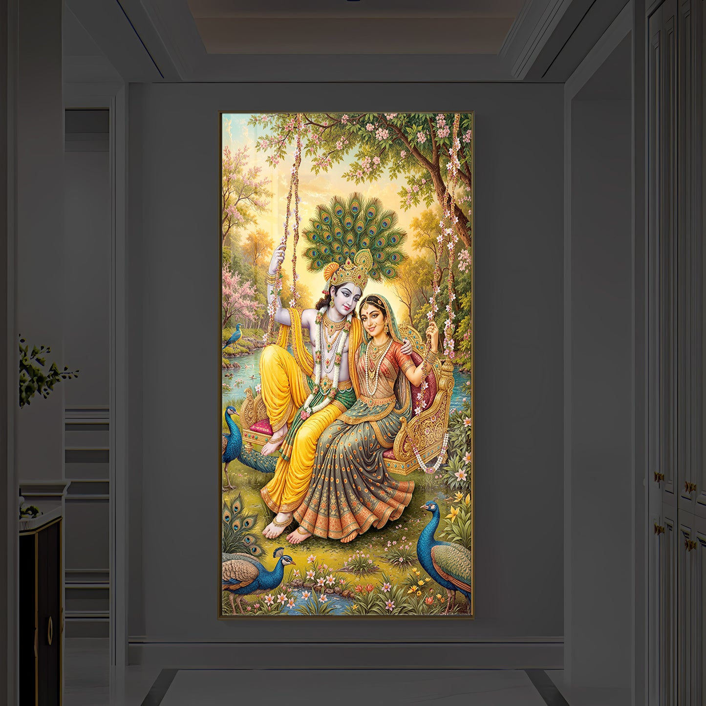 Jai Shri Radha Krishna Modern Luxury Backlight Vertical Wall Art