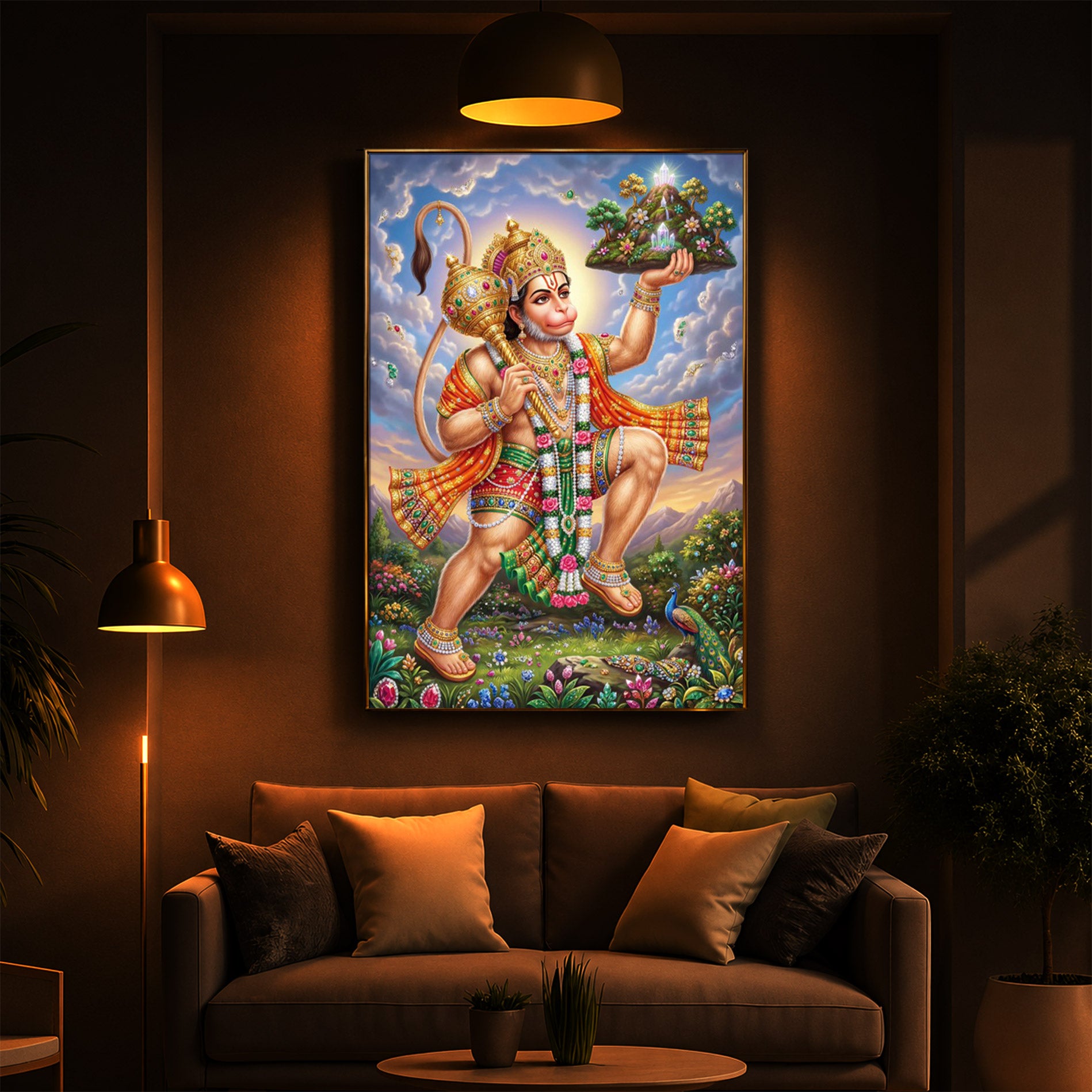 Lord Hanuman Carries The Mountain Modern Luxury Backlight Vertical Wall Art