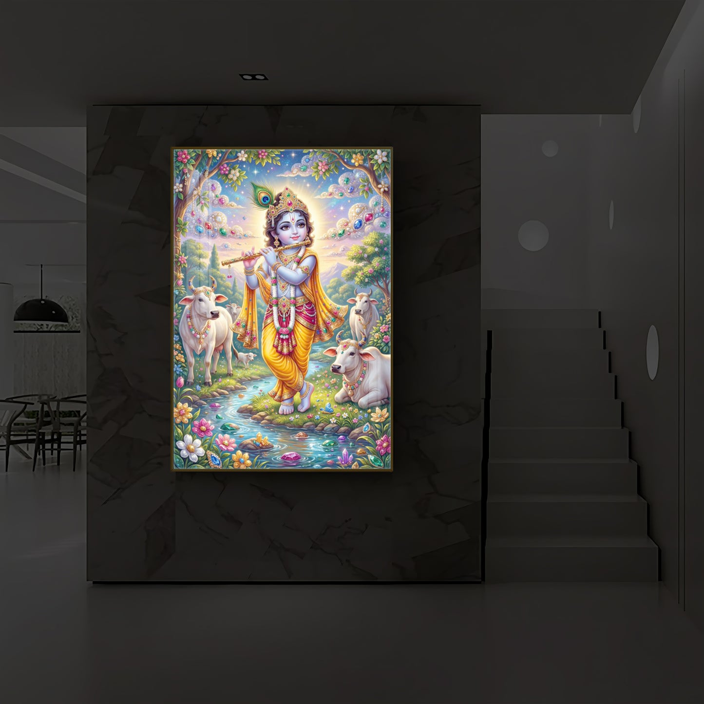Little Kanha With Cow Modern Luxury Backlight Vertical Wall Art
