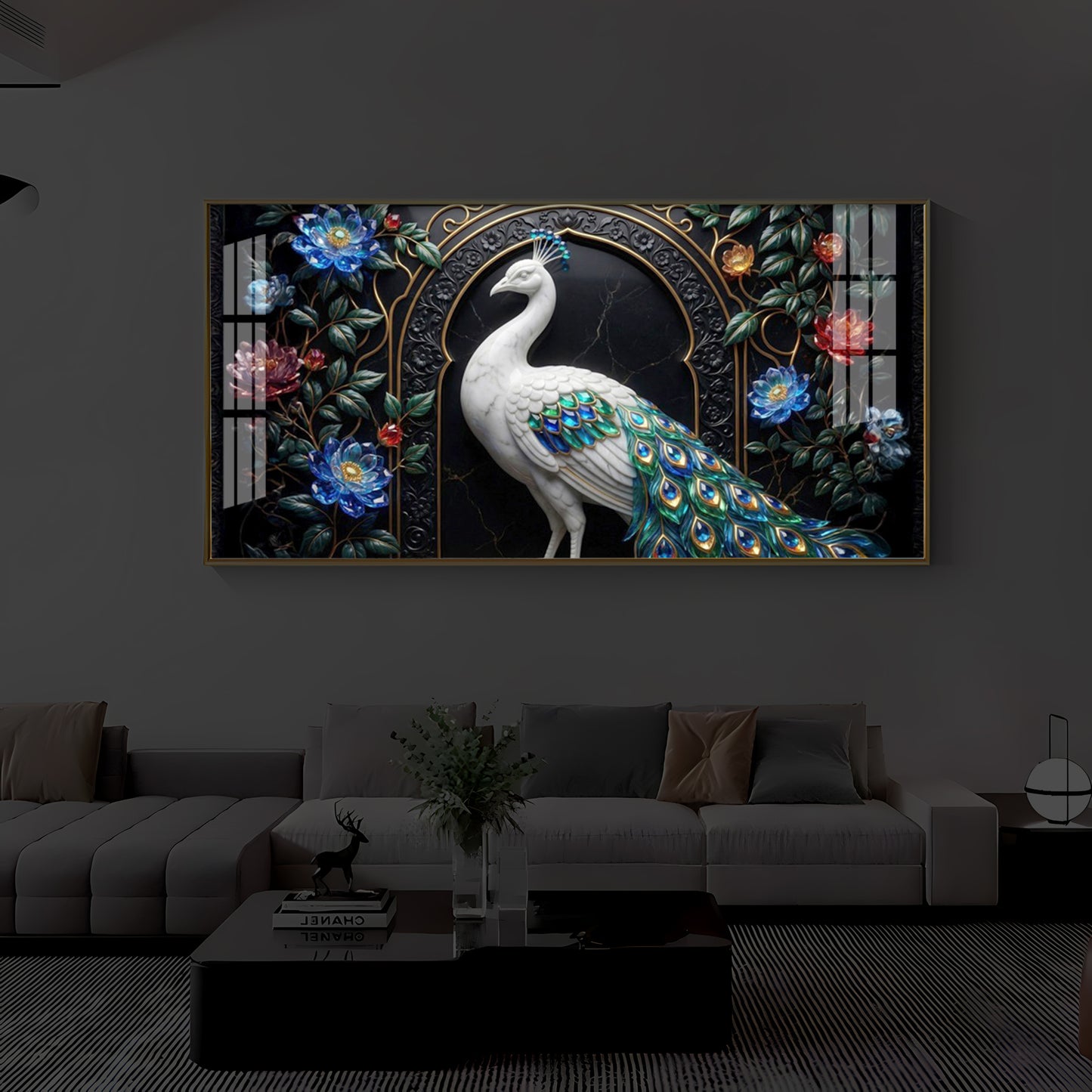 Majestic Peacock With Flower Modern Luxury Backlight Horizontal Wall Art