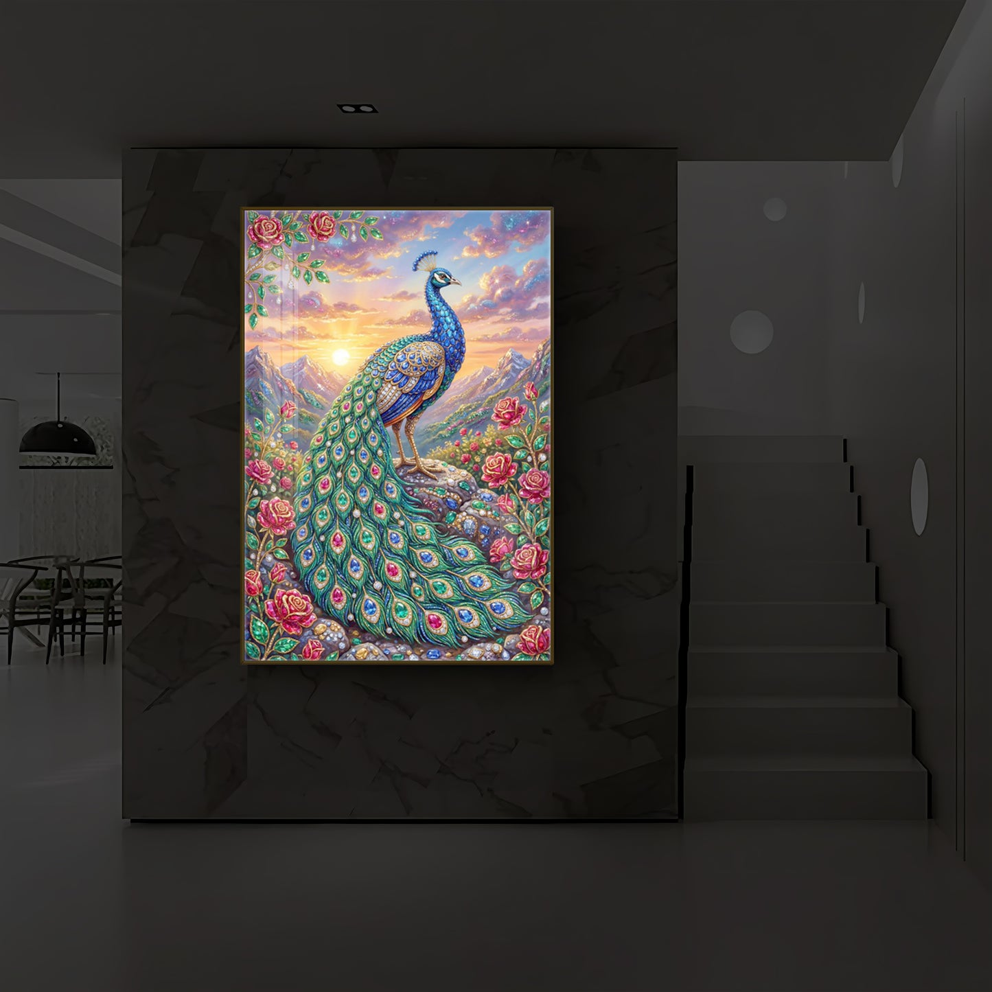 Colorful Beautiful Peacock Modern Luxury Backlight Vertical Wall Art