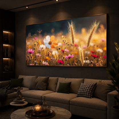 Golden Wildflower Meadow Modern Luxury Backlight Horizontal Wall Art